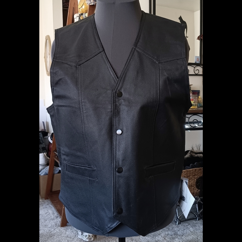 🖤 Mens Leather USA Genuine Leather Vest Black Button Up Large
